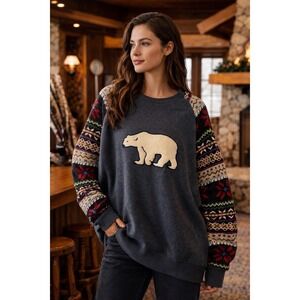 Aden Plus Spur Women's XL Oversized Gray Bear Fair Isle Sleeve Sweater